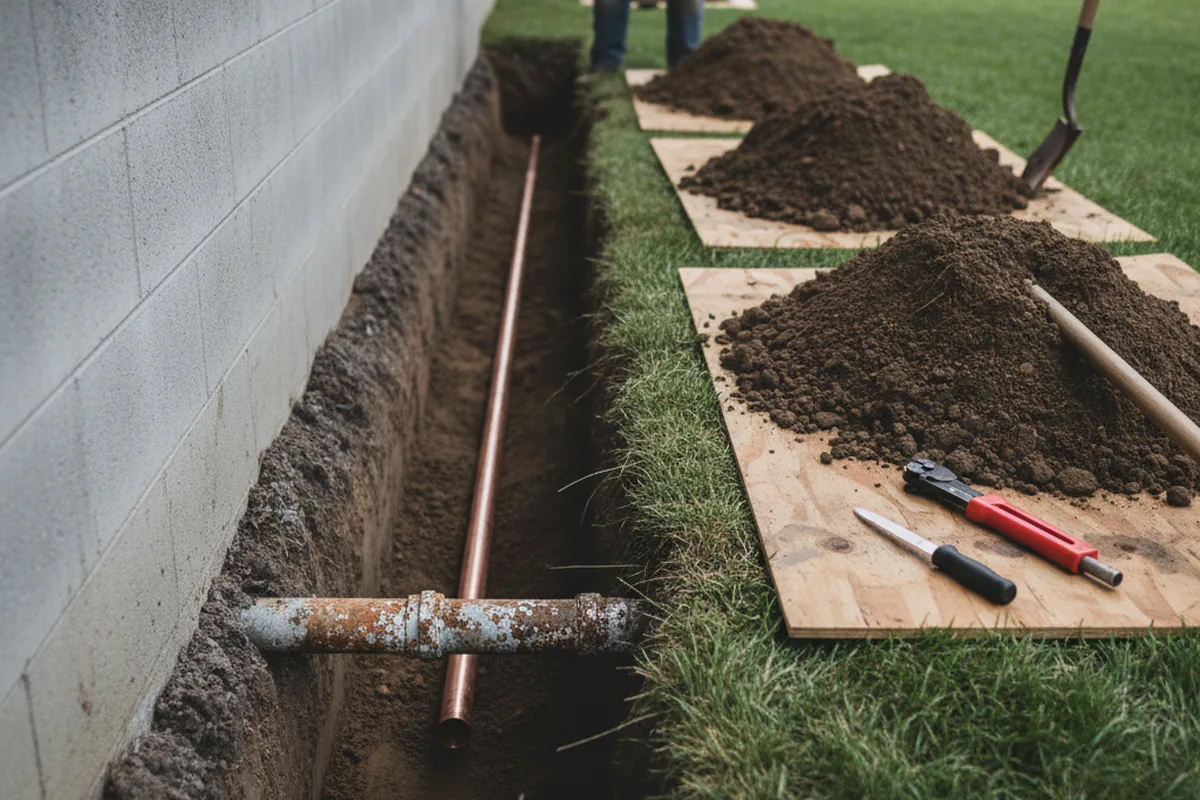 Excavated water line trench during Water Softener Installation in Fremont